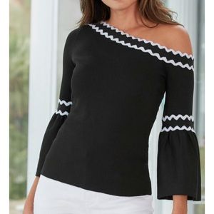 IN SEARCH OF (ISO) Boston Proper black and white off the shoulder top.